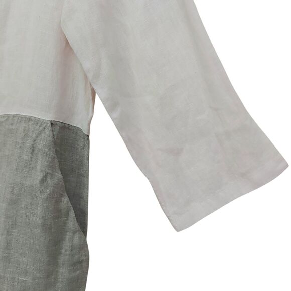 Tahari Mini Dress Womens Medium Gray Linen 3/4 Sleeve Color Block Button Back - Picture 4 of 11